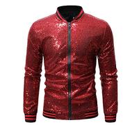 Caxndycing Bomber Jacket Men's Metallic Sequin Jacket for Performance Halloween Party Night Clubs Disco Shiny Sparkly Glitter Sequins Bomber Jacket Lightweight Shiny Clubwear Men's Jacket, red, XL