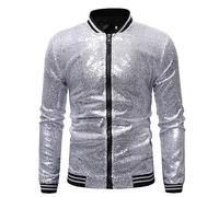 Caxndycing Bomber Jacket Men's Metallic Sequin Jacket for Performance Halloween Party Night Clubs Disco Shiny Sparkly Glitter Sequins Bomber Jacket Lightweight Shiny Clubwear Men's Jacket, silver, XXL