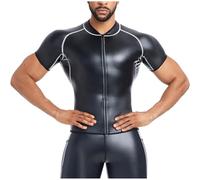 Caxndycing Compression Shirt Men's Latex PU Leather Wetlook Jacket with Zip Sexy T-Shirt Faux Leather Undershirt Slim Fit Muscle Shirts Patent Leather Erotic Shirts Tops for Night Club Party, black,