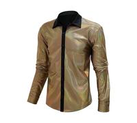 Caxndycing Glitter Shirt Men's Metallic Shiny Slim Fit Satin Long Sleeve Shirt Casual Business Shirts for Party Night Club Casual Shirt 70s Disco Party Costume Fancy Dress Costumes, gold, 4XL