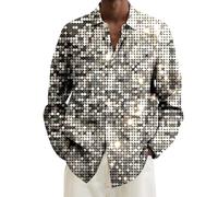 Caxndycing Glitter Shirt Men's Sequin Shirt Metallic Shiny Slim Fit Satin Long Sleeve Shirt Casual Business Shirts for Carnival Night Club Casual Shirt 70s Disco Party Fancy Dress Costumes, silver, XL
