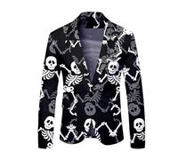 Caxndycing Halloween Costume Men's Skeleton Printed Jacket Leisure Skeleton Suit Jacket Regular Fit Funky Blazer Skull Pattern Suit with Buttons Tuxedo for Wedding, light grey, XL