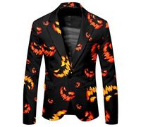 Caxndycing Halloween Men's Bat Printed Blazer Slim Fit One Button Formal Casual Suit Jacket Notched Lapel Jacket Regular Fit Scary Party Costume, yellow, XXL
