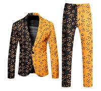 Caxndycing Halloween Suit Men's Pumpkin Colour Block Outfits Slim Fit Includes Blazer and Trousers 3D Pumpkin Print Set Party Funny Prom Suits for Carnival and Theme Parties
