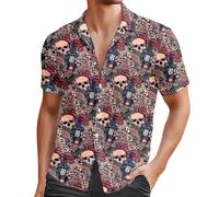 Caxndycing Hawaii Shirt Men's Skull Shirt Men's Short Sleeve Rose Printed Casual Shirt Button Down Summer Shirt Straw Collar Men's Shirt Vintage Y2K Short Sleeve Shirt Retro Gothic Beach Shirt, Z1
