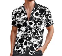 Caxndycing Hawaii Shirt Men's Skull Shirt Men's Short Sleeve Rose Printed Casual Shirt Button Down Summer Shirt Straw Collar Men's Shirt Vintage Y2K Short Sleeve Shirt Retro Gothic Beach Shirt, Z1
