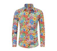 Caxndycing Hippie Shirt Men's Long Sleeve Floral Pattern Men's Shirts Collar Button Down Long Sleeve Shirt Vintage Hip Hop Long Sleeve Shirt 70s Disco Outfits Regular Fit Business Shirt, Yellow 01, L