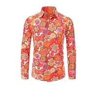 Caxndycing Hippie Shirt Men's Long Sleeve Floral Pattern Men's Shirts Collar Button Down Long Sleeve Shirt Vintage Hip Hop Long Sleeve Shirt 70s Disco Outfits Regular Fit Business Shirt, red, L