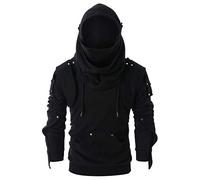 Caxndycing Hoodie with Mask Men's Tactical Techwear Sweatshirt Vintage Mask Rivets Pullover Cool Skirt Hoodie Double Neckline Drawstring Sweat Jacket Winter Hip Hop Jacket