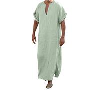 Caxndycing Kaftan Men's V-Neck Islamic Clothing Tunic African Dresses Cotton Linen Nightdress Long Sleeve Muslim Clothing Gifts Arabic Robe, Green, L