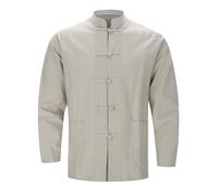 Caxndycing Linen Shirt Men's Chinese Traditional Tang Suit Martial Arts Kung Fu Tai Chi Wushu Clothing Tang Style Linen Jacket Chinese Training Uniform Spring Autumn Casual Shirt, beige, L