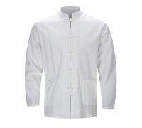 Caxndycing Linen Shirt Men's Chinese Traditional Tang Suit Martial Arts Kung Fu Tai Chi Wushu Clothing Tang Style Linen Jacket Chinese Training Uniform Spring Autumn Casual Shirt, White, XL