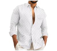 Caxndycing Long Sleeve Shirt for Men Waffle Pattern Button-Down Collar Beach Summer Casual Work Shirt Checked Cotton Shirt with Buttons and Long Sleeves Easy Iron Modern Business Shirt for Men, White,