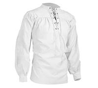 Caxndycing Medieval Shirt Men's Tunic Linen Shirt Long Sleeve Retro Collar with Lacing Men's Casual Shirt Linen Yoga Casual Shirt Fisherman Pirate Shirt Viking Clothing, White, L