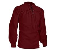 Caxndycing Medieval Shirt Men's Tunic Linen Shirt Long Sleeve Retro Collar with Lacing Men's Casual Shirt Linen Yoga Casual Shirt Fisherman Pirate Shirt Viking Clothing, Wine Red, 5XL