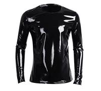 Caxndycing Men's Clubwear Patent Leather Long Sleeve Shirt Men's Patent Leather Sexy Coat Leather Coat Wetlook Tops Men Faux Leather Shirt T-Shirt Slim Fit Latex Shiny Tops Party Outwear, black, XL