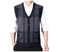 Caxndycing Men's Knitted Vest Diamond West Thick Knitted Vest Business Sleeveless Sweater Vest Sleeveless V-Neck Cardigan Fine Knit Pullover Button Down Vest Outdoor Leisure Knitted Vest, navy, XXL