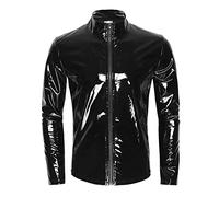 Caxndycing Men's Lacquer Look Jacket, Short Coat, Wetlook Coat, Tops, Men's Long-Sleeved Shirt, Faux Leather Shirt, T-Shirt, Slim Fit, Latex, Shiny Tops, Party Outwear with Zip