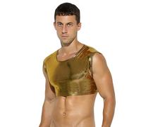 Caxndycing Men's Muscle Shirt Sleeveless Shiny Crop Top Undershirt Short Vest Men Party Clubwear Men's Crop Top GoGo Party Clubwear, gold, S