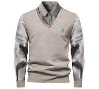 Caxndycing Men's Pullover with Shirt Collar 2 in 1 Winter Warm Knitted Jumper with V-Neck Leisure Mock Shirt Fine Knit Pullover Winter Jumper Knitted Jumper Mock Neck Knit Polo Sweater, beige, L