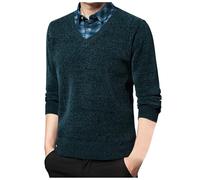 Caxndycing Men's Pullover with Shirt Collar 2 in 1 Winter Warm Knitted Jumper with V-Neck Leisure Mock Shirts Fine Knit Winter Jumper Knitted Jumper Long Sleeve Shirt, Green, M