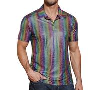 Caxndycing Men's Sequin Shirt 70s Short Sleeve Disco Party Costume Glitter Shirt Metallic Shiny Night Club Party Shirt Metallic Shirts Summer Top for Men, Z5 Red, XXL