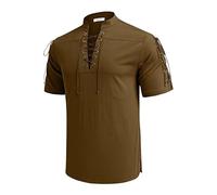 Caxndycing Men's Short Sleeve Henley Shirt Men's Casual Shirt Vintage Casual Lightweight T-Shirt Traditional Retro Style Lacing Short Sleeve Shirt, Z3 Brown, XXL