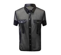 Caxndycing Men's Short Sleeve PU Leather Patchwork Shirt Transparent Leather Mesh T-Shirt Summer Sexy Transparent T-Shirt Button Down Wetlook Muscle Shirt Faux Leather Underarm Shirt for Night Club,