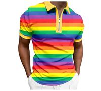 Caxndycing Men's Short Sleeve Rainbow LGBTQ Rainbow Shirt Pride Parade Outfit Summer Shirt Short Sleeve Shirt Rainbow Shirt Casual Shirts Lapel Zip Polo Shirt CSD Part Polo Shirts, Gleb, L