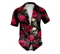 Caxndycing Men's Summer Shirt Retro Rose Flower Skull Printed Blouse Lapel Button Down Short Sleeve T-Shirts Gothic Skeleton Shirt Holiday Party Beach Shirts Vintage Hawaiian Shirt Funny Party Outfit