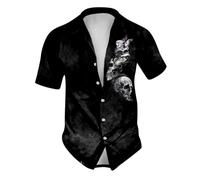 Caxndycing Men's Summer Shirt Retro Rose Flower Skull Printed Blouse Lapel Button Down Short Sleeve T-Shirts Gothic Skeleton Shirt Holiday Party Beach Shirts Vintage Hawaiian Shirt Funny Party Outfit