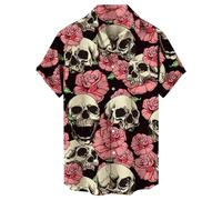 Caxndycing Men's Summer Shirt Retro Rose Flower Skull Printed Blouse Lapel Button Down Short Sleeve T-Shirts Gothic Skeleton Shirt Holiday Party Beach Shirts Vintage Hawaiian Shirt Funny Party Outfit