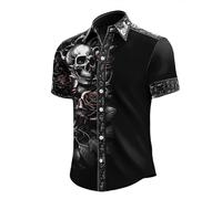 Caxndycing Men's Summer Shirt Retro Rose Flower Skull Printed Blouse Lapel Button Down Short Sleeve T-Shirts Gothic Skeleton Shirt Holiday Party Beach Shirts Vintage Hawaiian Shirt Funny Party Outfit