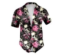 Caxndycing Men's Summer Shirt Retro Rose Flower Skull Printed Blouse Lapel Button Down Short Sleeve T-Shirts Gothic Skeleton Shirt Holiday Party Beach Shirts Vintage Hawaiian Shirt Funny Party Outfit,