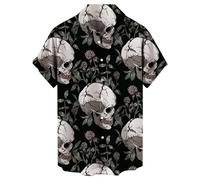 Caxndycing Men's Summer Shirt Retro Rose Flower Skull Printed Blouse Lapel Button Down Short Sleeve T-Shirts Gothic Skeleton Shirt Holiday Party Beach Shirts Vintage Hawaiian Shirt Funny Party Outfit