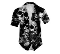 Caxndycing Men's Summer Shirt Retro Rose Flower Skull Printed Blouse Lapel Button Down Short Sleeve T-Shirts Gothic Skeleton Shirt Holiday Party Beach Shirts Vintage Hawaiian Shirt Funny Party Outfit