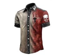 Caxndycing Men's Summer Shirt Retro Rose Flower Skull Printed Blouse Lapel Button Down Short Sleeve T-Shirts Gothic Skeleton Shirt Holiday Party Beach Shirts Vintage Hawaiian Shirt Funny Party Outfit