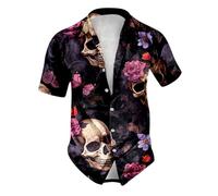 Caxndycing Men's Summer Shirt Retro Rose Flower Skull Printed Blouse Lapel Button Down Short Sleeve T-Shirts Gothic Skeleton Shirt Holiday Party Beach Shirts Vintage Hawaiian Shirt Funny Party Outfit,
