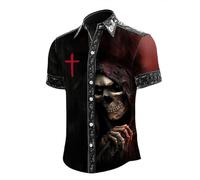 Caxndycing Men's Summer Shirt Retro Rose Flower Skull Printed Blouse Lapel Button Down Short Sleeve T-Shirts Gothic Skeleton Shirt Holiday Party Beach Shirts Vintage Hawaiian Shirt Funny Party Outfit