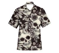 Caxndycing Men's Summer Shirt Retro Rose Flower Skull Printed Blouse Lapel Button Down Short Sleeve T-Shirts Gothic Skeleton Shirt Holiday Party Beach Shirts Vintage Hawaiian Shirt Funny Party Outfit