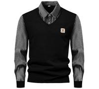 Caxndycing Men's Sweater with Shirt Collar 2 in 1 Winter Warm Knitted Sweater with V-Neck Casual Mock Shirt Fine-Knit Sweater Winter Sweater Knit Pullover Mock Neck Knit Polo Sweater, black, M
