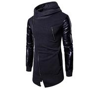 Caxndycing Men's Sweatshirt with Hood Assassins Creed Side Leather Fleece Gothic Pullover Hoodie with Slanted Zip High Neck Cardigan Leather Panel Hem Irregular Sports Jacket, gray, M