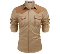 Caxndycing Men's Traditional Western Cowboy Shirt Embroidery Slim Fit Casual Long Sleeve for Wedding Party Carnival Theme Party Cowboy Style Casual Shirt, khaki, M