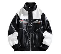 Caxndycing Men's Varsity Jacket Vintage Letter Racer Jacket 90S Vintage Racing Zip Long Sleeve Sweat Jacket Motorcycle Bomber Jacket Stand-Up Collar College Jacket Fashion Baseball Jacket, black, L