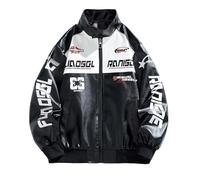 Caxndycing Men's Varsity Jacket Vintage Letter Racer Jacket 90S Vintage Racing Zip Long Sleeve Sweat Jacket Motorcycle Bomber Jacket Stand-Up Collar College Jacket Fashion Baseball Jacket, Z1 Black, L