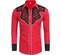 Caxndycing Men's Western Cowboy Long Sleeve Shirts Western Shirts Cowboy Casual Shirt Regular Fit Men's Shirts Casual Shirts Stretch Long Sleeve Men's Shirts, red, M