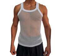 Caxndycing Mesh Undershirt Sleeveless Tank Top Men's Fish Net Tank Top Transparent Shirt Sport Muscle Shirt Undershirt Muscle Transparent Shirts Sleeveless Mesh Vest, White, L