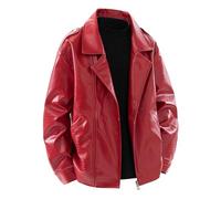 Caxndycing Motorcycle Jacket Men's Summer Leather Jacket Real Leather Bomber Jacket Faux Leather Lightweight Summer Jacket Men's Long Sleeve Lapel Bike Jacket Button Down Blouson Jacket with Zips, red