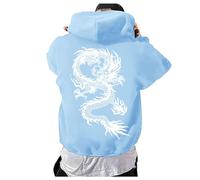 Caxndycing Oversized Hoodie Men's with Back Print Y2K Casual Hoodie with Letters Dragon Print Sweat Jacket Hip Hop Streetwear with Pockets Hooded Jacket, light blue, XXL