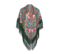 Caxndycing Scarf with Traditional Ukrainian Polish Russian Floral Pattern and Fringes Elegant Scarf Lady Tassel Floral Print Cotton Headscarf Wraps, Army Green, One Size